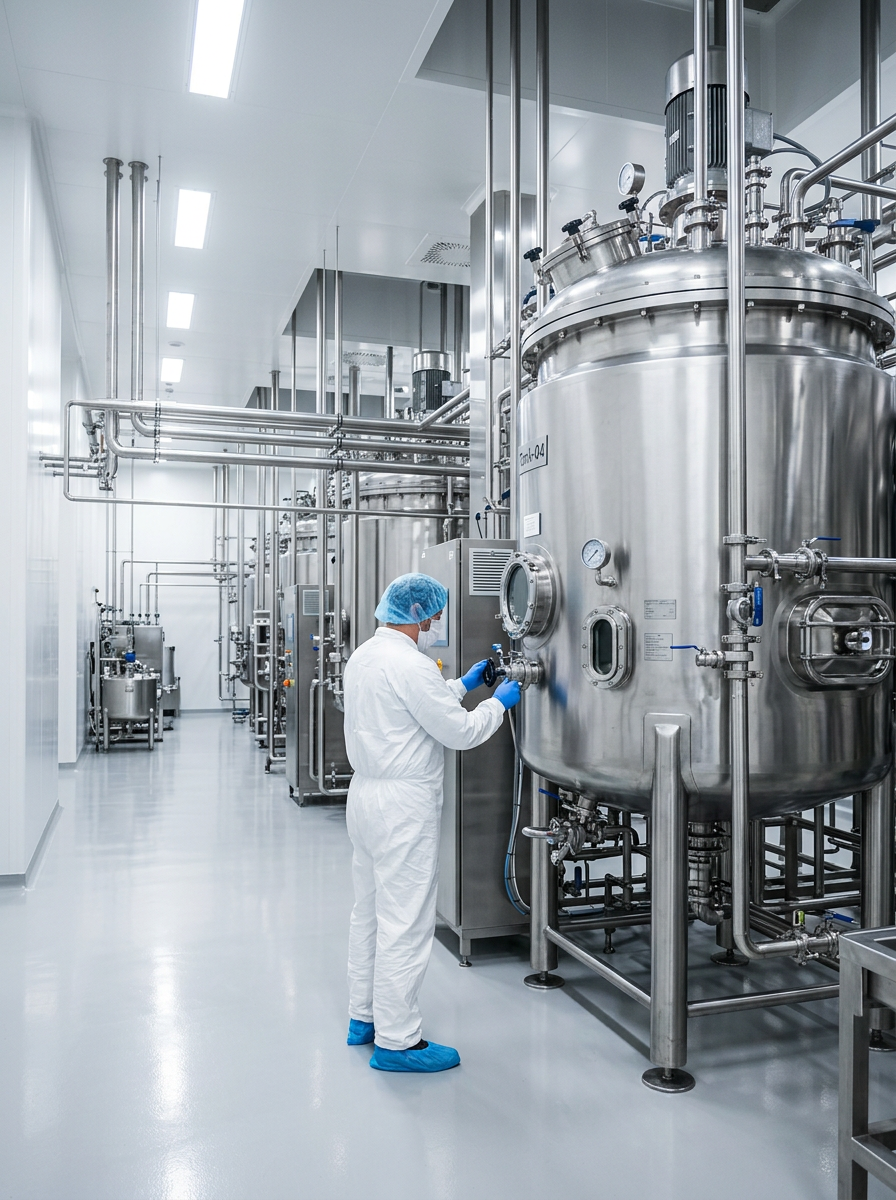 Medewerker in cleanroomkleding controleert een roestvrijstalen procestank met leidingen en afsluiters in een farmaceutische productieruimte.