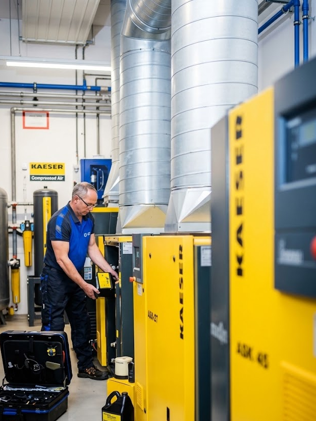 Onderhoudsmonteur van Luitec inspecteert Kaeser persluchtcompressoren en de persluchtinstallatie in een industriële technische ruimte